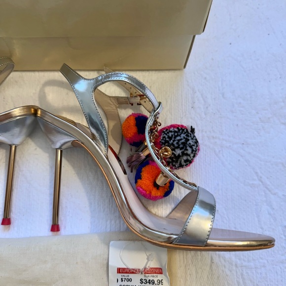 Sophia Webster LAYLA POM POM T-BAR.  Silver and Rose Gold Heels with Pom-Poms - Picture 13 of 16
